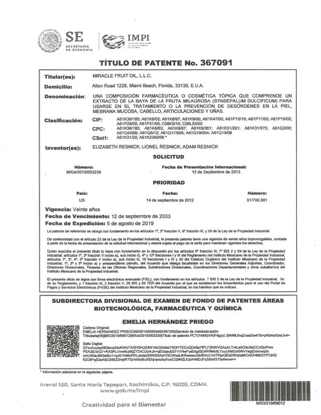 The Miracle Fruit Oil Company Awarded Mexican Patent